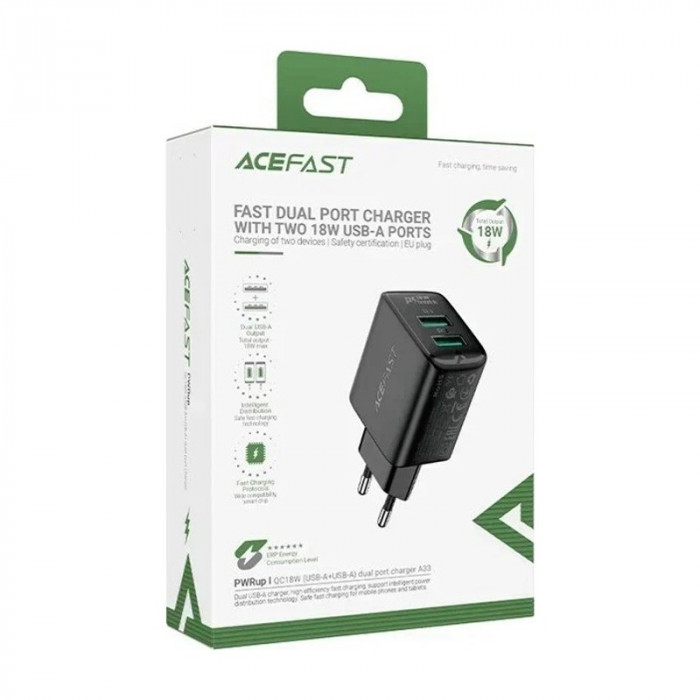 Зарядное устройство ACEFAST A33 18W USB-A+USB-A Черный